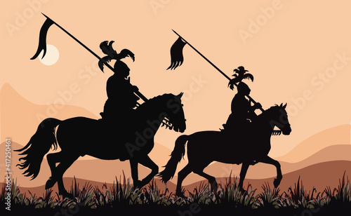 isolated realistic black silhouettes of two mounted knights on a colored background of sky and hills 