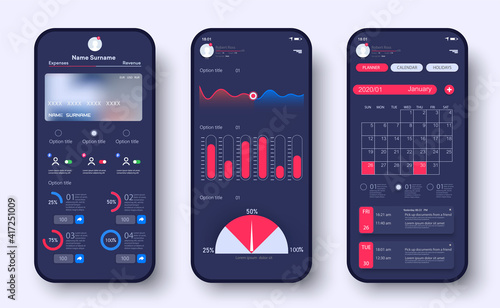 Online Banking Mobile Apps UI, UX, GUI. Analytic smartphone application with investment and stock, financial statistics. Mobile banking interface vector template. Statistics graphs and finance charts