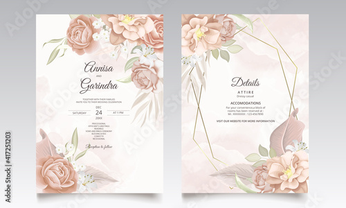  Beautiful floral frame wedding invitation card template Premium Vector