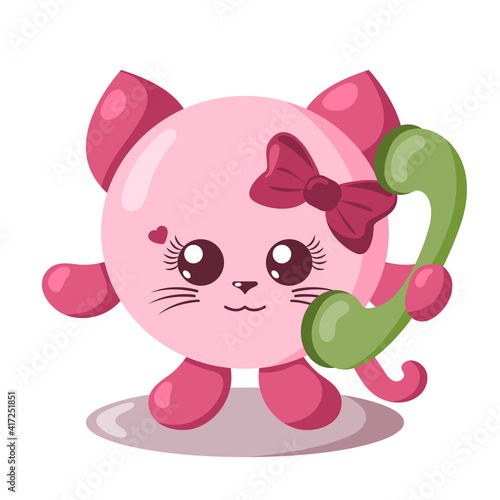 Funny cute smiling cat holding a phone. Colored isolated animal vector illustration in flat design with shadows © Tatjana