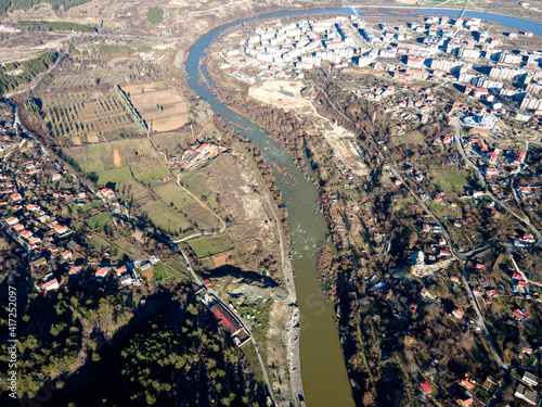 Aerial view Arda river and town of Kardzhali, Bulgaria photo