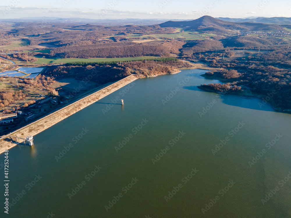 Aerial sunset view of  Trakiets Reservoir, Bulgaria