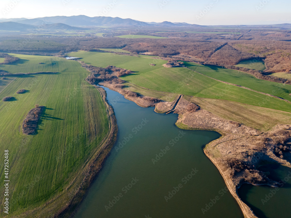 Fototapeta premium Aerial sunset view of Trakiets Reservoir, Bulgaria