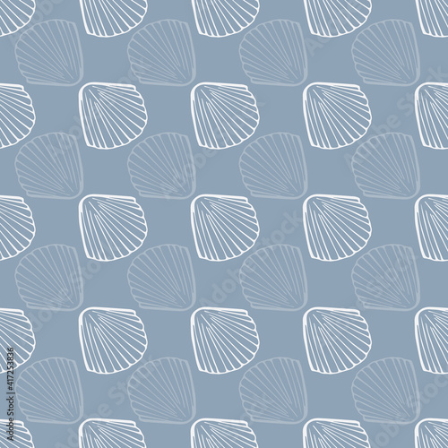 Gray Blue Textured Shell Seamless Pattern background. A simple texture featuring contour shells in a geometric style. Good for beach apparel, accessories and home decor.