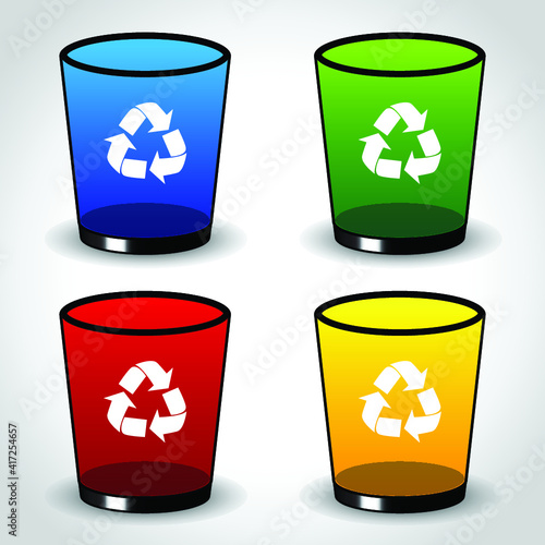 Different color recycle trash can icons on white background