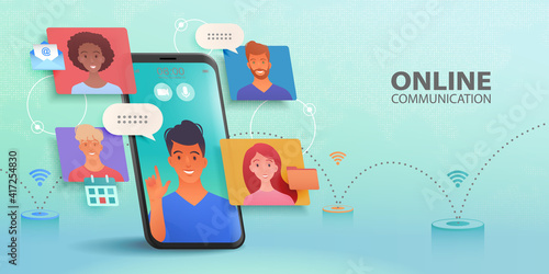 Business group meeting Video call of working people on window screen communicating via smartphone app. Online communication concept banner with digital world map on the background. Vector illustration