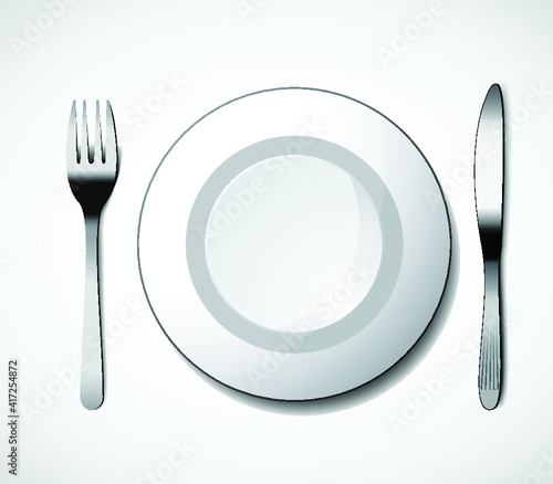 Dinner set with plates, knife and fork isolated