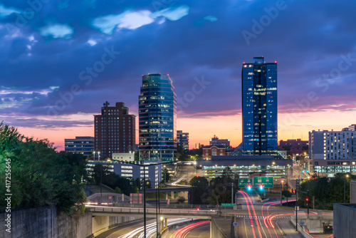 Night skyline of downtown Knoxville, Tennessee after sunset