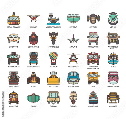 Set of vehicle thin line and pixel perfect icons for any web and app project.