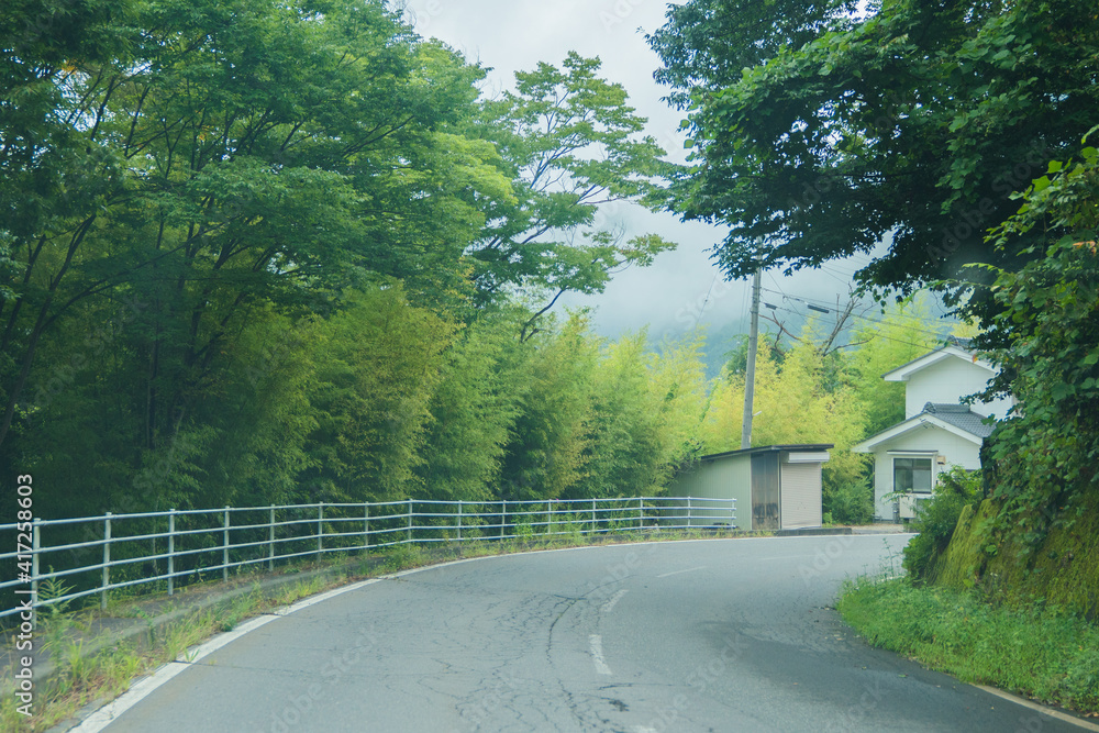 日本の夏の日 癒される綺麗な長野の田舎道路 沿道の緑の大自然風景を満喫される Stock 写真 Adobe Stock
