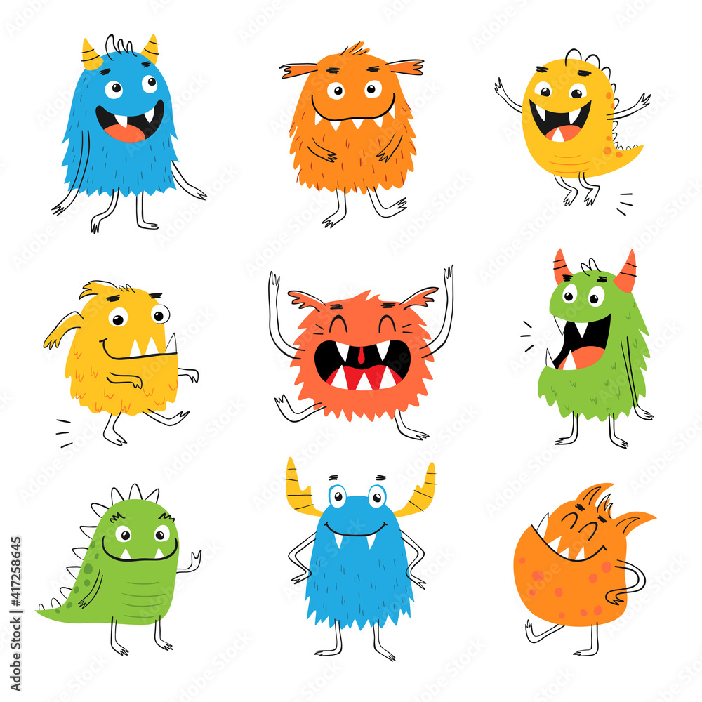 Set of hand drawn cute funny monsters isolated on white background. Character design for kids. Set of hand drawn cute funny monsters isolated on white background. Character design for kids.