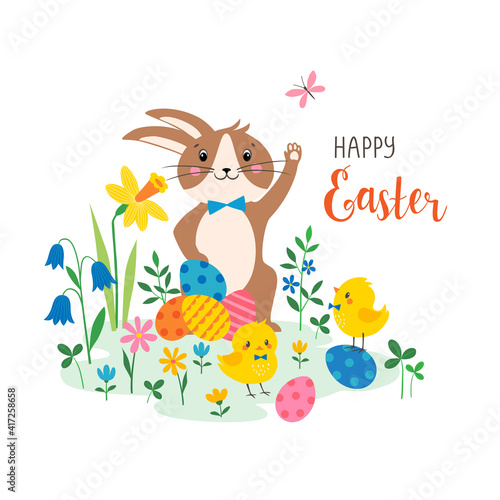 Happy Easter greeting card with cute bunny, chicks colorful eggs and spring flowers.