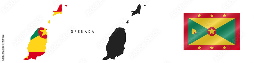 Grenada. Detailed flag map. Detailed silhouette. Waving flag. Vector illustration Grenada. Detailed flag map. Detailed silhouette. Waving flag. Vector illustration