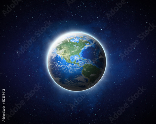 Earth 3D render. Blue Planet Earth view from outer space show North & South America, USA. World Global in Universe, Star field, Galaxy, Nebula. Earth on space -Elements of this image furnished by NASA
