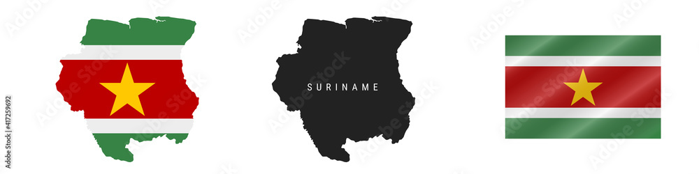 Suriname. Detailed flag map. Detailed silhouette. Waving flag. Vector illustration