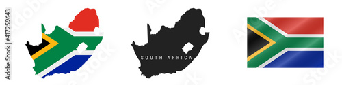South Africa. Detailed flag map. Detailed silhouette. Waving flag. Vector illustration