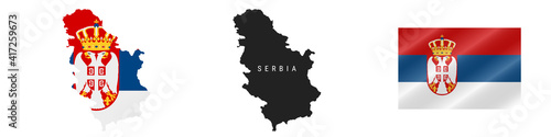 Serbia. Detailed flag map. Detailed silhouette. Waving flag. Vector illustration