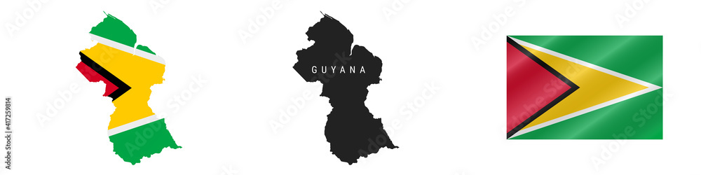 Guyana. Detailed flag map. Detailed silhouette. Waving flag. Vector illustration Guyana. Detailed flag map. Detailed silhouette. Waving flag. Vector illustration