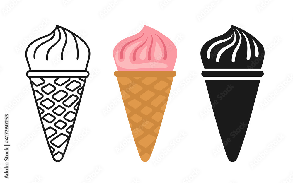 Strawberry ice cream cartoon set, line icon and black glyph style. Kawaii bright summer collection sweet food. Comic hand drawn sketch cute spiral Ice cream. Isolated dessert vector illustration Strawberry ice cream cartoon set, line icon and black glyph style. Kawaii bright summer collection sweet food. Comic hand drawn sketch cute spiral Ice cream. Isolated dessert vector illustration