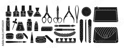 Manicure equipment black glyph set. Polishing nails, polish, file, tweezers, hand cream, scissors, oil, nippers brush. Manicure silhouette tools design elements beauty and Spa concept trendy vector