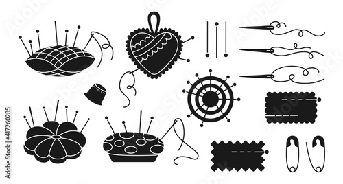 Sewing needle bed black glyph set. Needles, pins in pillow. Dressmaking needlework tools. Fashion design, dressmaking, sewing workshop, tailoring concept hobby or work. Isolated vector illustration