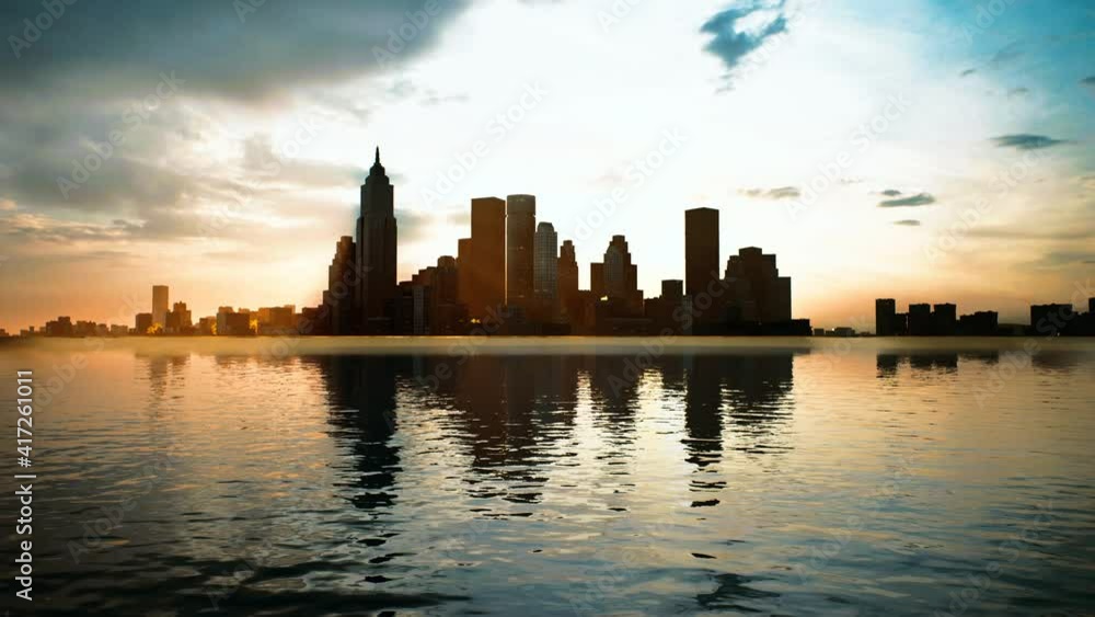 Skyline with skyscrapers and sea at sunset Skyline with skyscrapers and sea at sunset