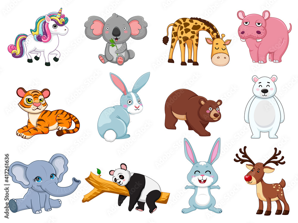 Cute animals collection. animal isolates in cartoon flat style. white background. Vector illustration design template Cute animals collection. animal isolates in cartoon flat style. white background. Vector illustration design template