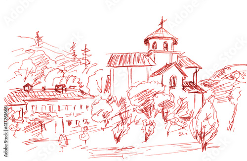 Monochrome linear drawing of Moraca monastery, Montenegro, Mediterranean travel sketch.