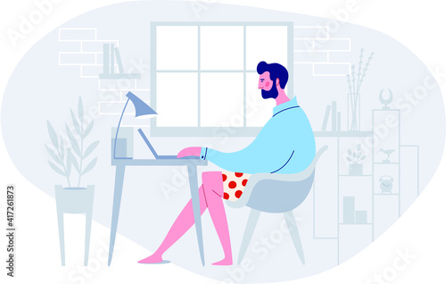 Flat vector illustration. A man freelancer working at home remote job. Work at home concept design.