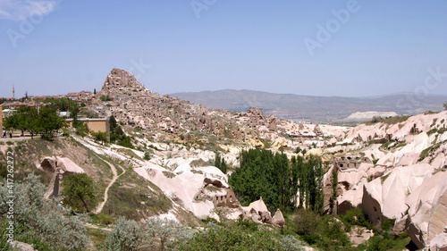 Uchisar Castle and special stone formation of Cappadocia in Nevsehir, Turkey. Cappadocia is part of the UNESCO World Heritage Site.