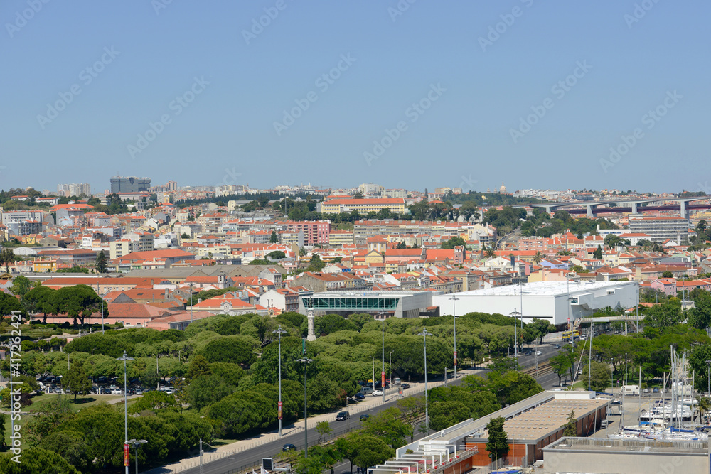 Belem historic district skyline aerial view from Monument to the Discoveries, city of Lisbon, Portugal.