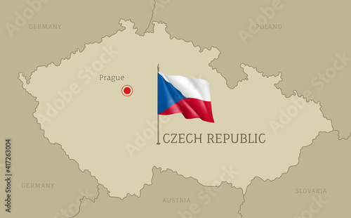 Detailed map of Czech Republic territory borders, East European country administrative map with Prague capital city and waving national flag vector illustration