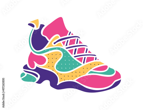 Hand drawn vector trendy illustration of sneaker in bright colors on a white background. Fashion stylish platform shoes. Cartoon style
