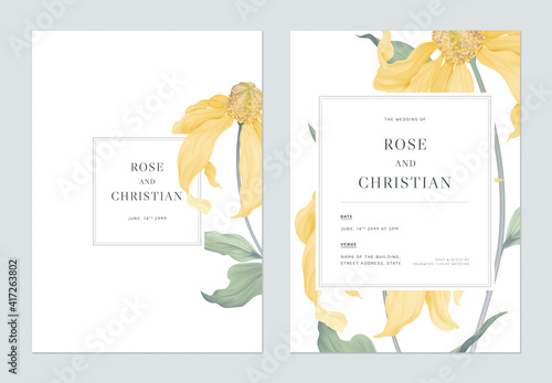Floral wedding invitation card template design, Cutleaf coneflower with leaves on white