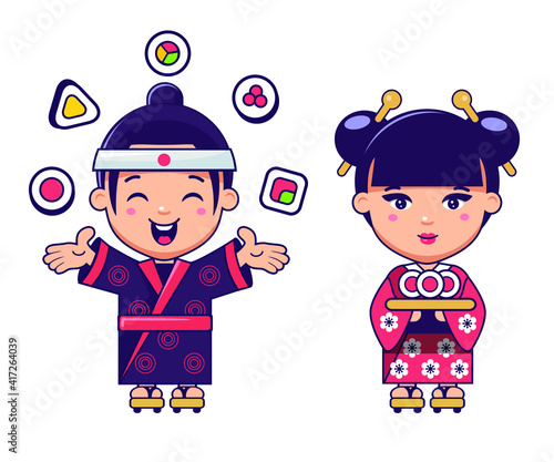 japanese boy and girl in kimono with sushi.