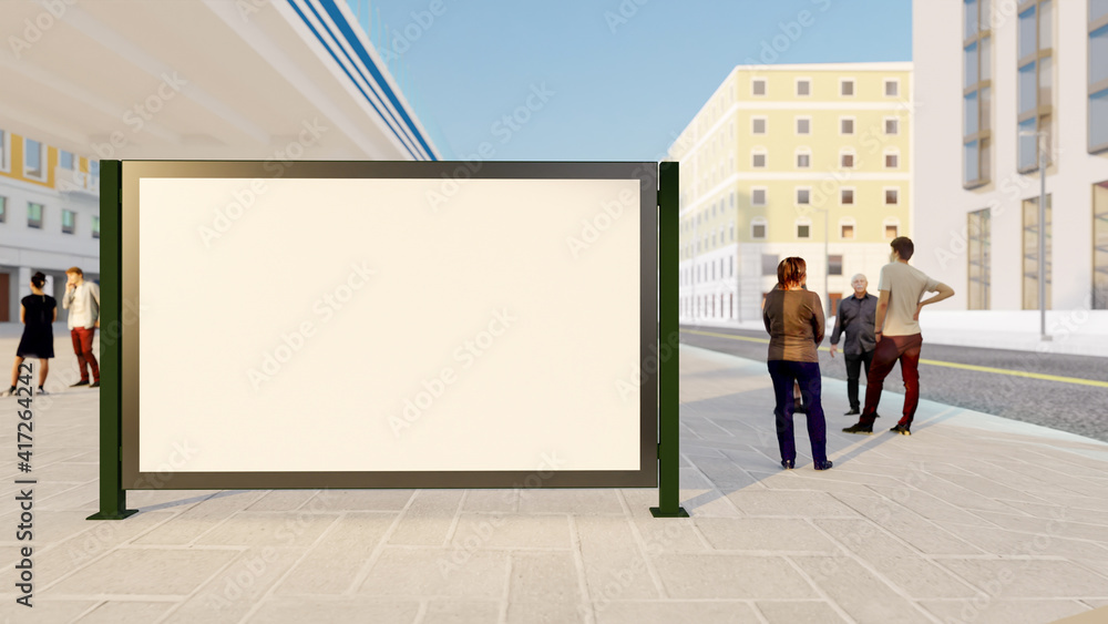 3D mockup blank horizontal advertisement billboard on stand in downtown 3D mockup blank horizontal advertisement billboard on stand in downtown