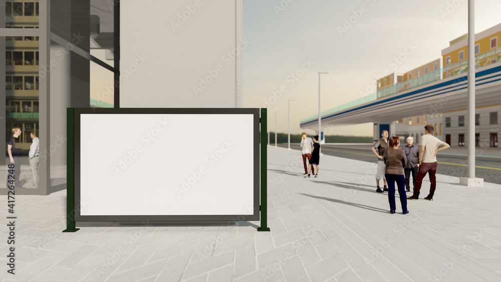 3D mock up blank horizontal advertisement billboard on street in downtown 3D mock up blank horizontal advertisement billboard on street in downtown