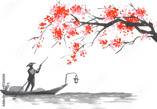 Japan traditional sumi-e painting. Fuji mountain, sakura, sunset. Japan sun. Indian ink vector illustration. Japanese picture.
