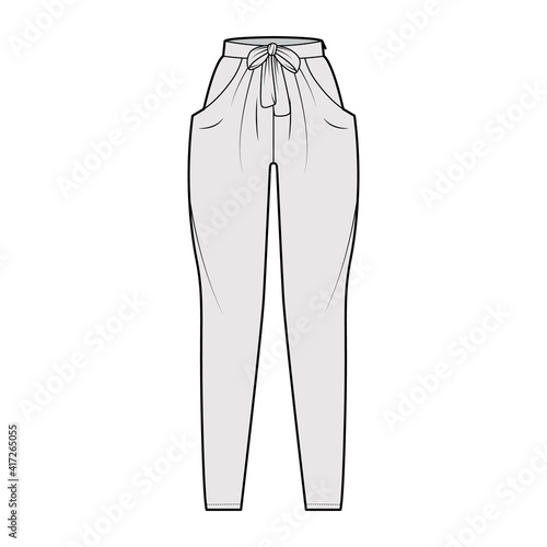 Harem pants technical fashion illustration with bow, normal waist, high rise, slash pockets, draping front, full lengths. Flat bottom apparel template, grey color style. Women, men, unisex CAD mockup