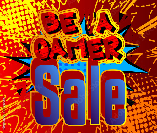 Pc or Console gaming sale, Gamer related Special Offer. Comic book style background. Poster, banner, template. Cartoon explosion expression. Gaming business vector illustration. photo