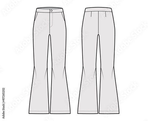 Pants bell-bottom technical fashion illustration with normal waist, rise, slant pockets, wide legs, full length. Flat bottom trousers apparel template front, back, grey color. Women, men, unisex CAD