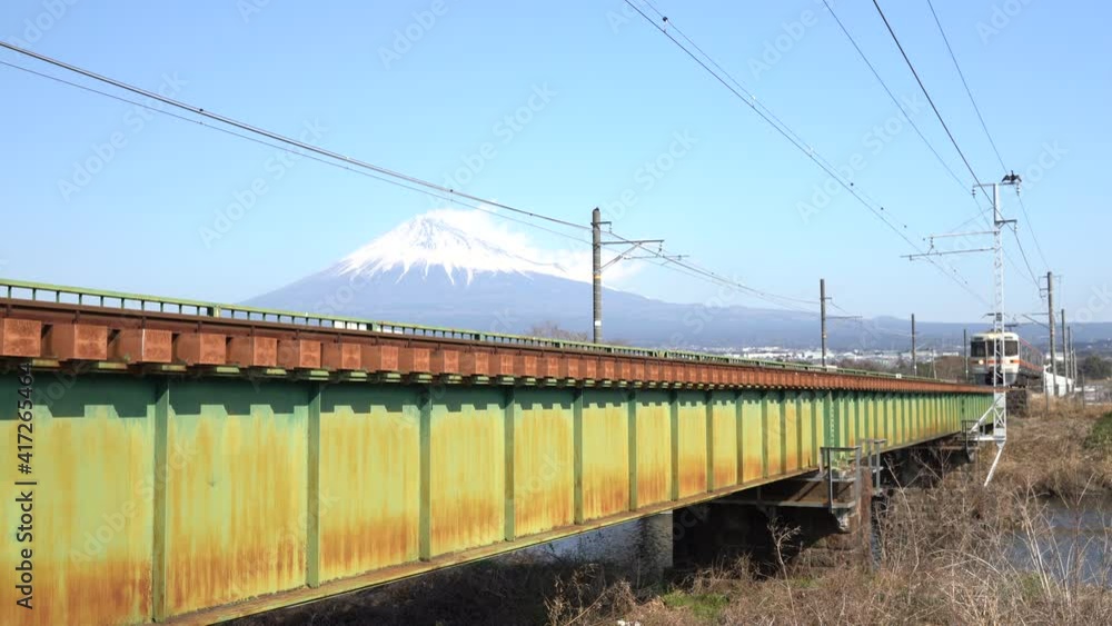 Railroad running on the bridge and Mt. Fuji Railroad running on the bridge and Mt. Fuji