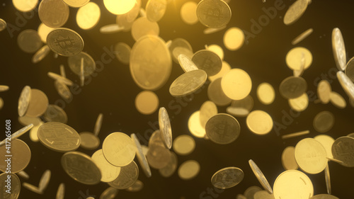 Close up golden Bitcoin Crypto Currency falling on galaxy technology background. 3D illustration.