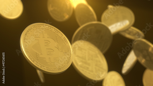Close up golden Bitcoin Crypto Currency falling on galaxy technology background. 3D illustration.