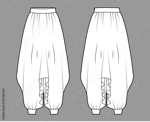 Pants sarouel technical fashion illustration with normal draped waist, high rise, pleats, wide legs, full length, oversized. Flat apparel template front, back, white color. Women men unisex CAD mockup