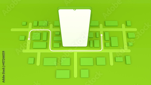 Teléfono inteligente rodeado de mapa 3D, aplicación de entrega a domicilio, fondo verde  