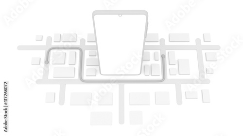 Teléfono inteligente rodeado de mapa 3D, aplicación de entrega a domicilio, fondo blanco  