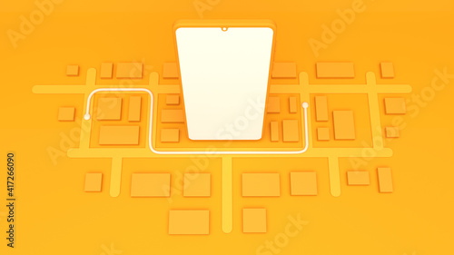 Teléfono inteligente rodeado de mapa 3D, aplicación de entrega a domicilio, fondo naranja