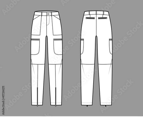Set of Parachute pants technical fashion illustration with normal waist, rise, pockets, belt loops, full lengths. Flat bottom apparel template front back, white color style. Women, unisex CAD mockup