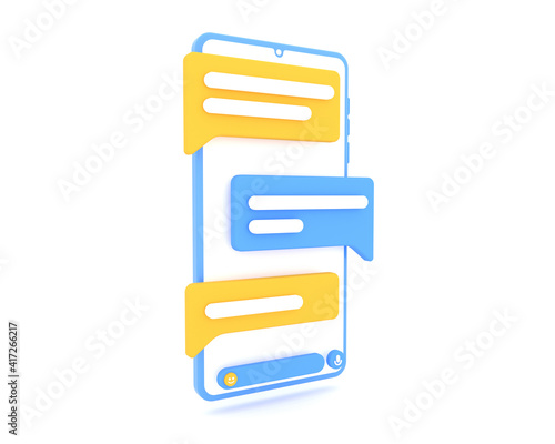 Teléfono inteligente en perspectiva, con app de mensajería, globos de texto 